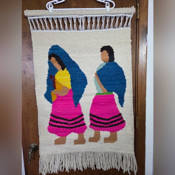 Vintage Ecuadorian Hand Woven Wool Tapestry Wall Hanging Rug Folk Art